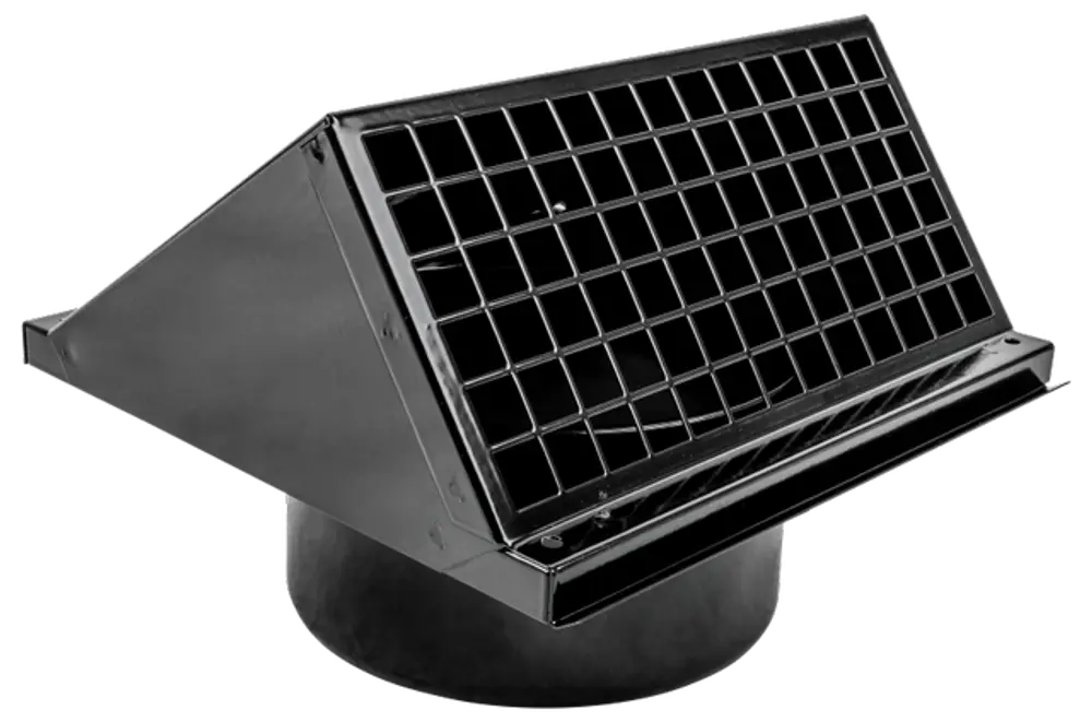 Schwarze Wandhaube von Wolf mit Grilloberfläche, geeignet für den Anschluss an Lüftungssysteme. Geformt für eine optimale Luftzirkulation.